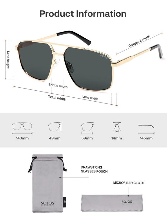 SOJOS Women\'s Gold Grey Trendy Square Polarized Retro Vintage Aviator Sunglasses